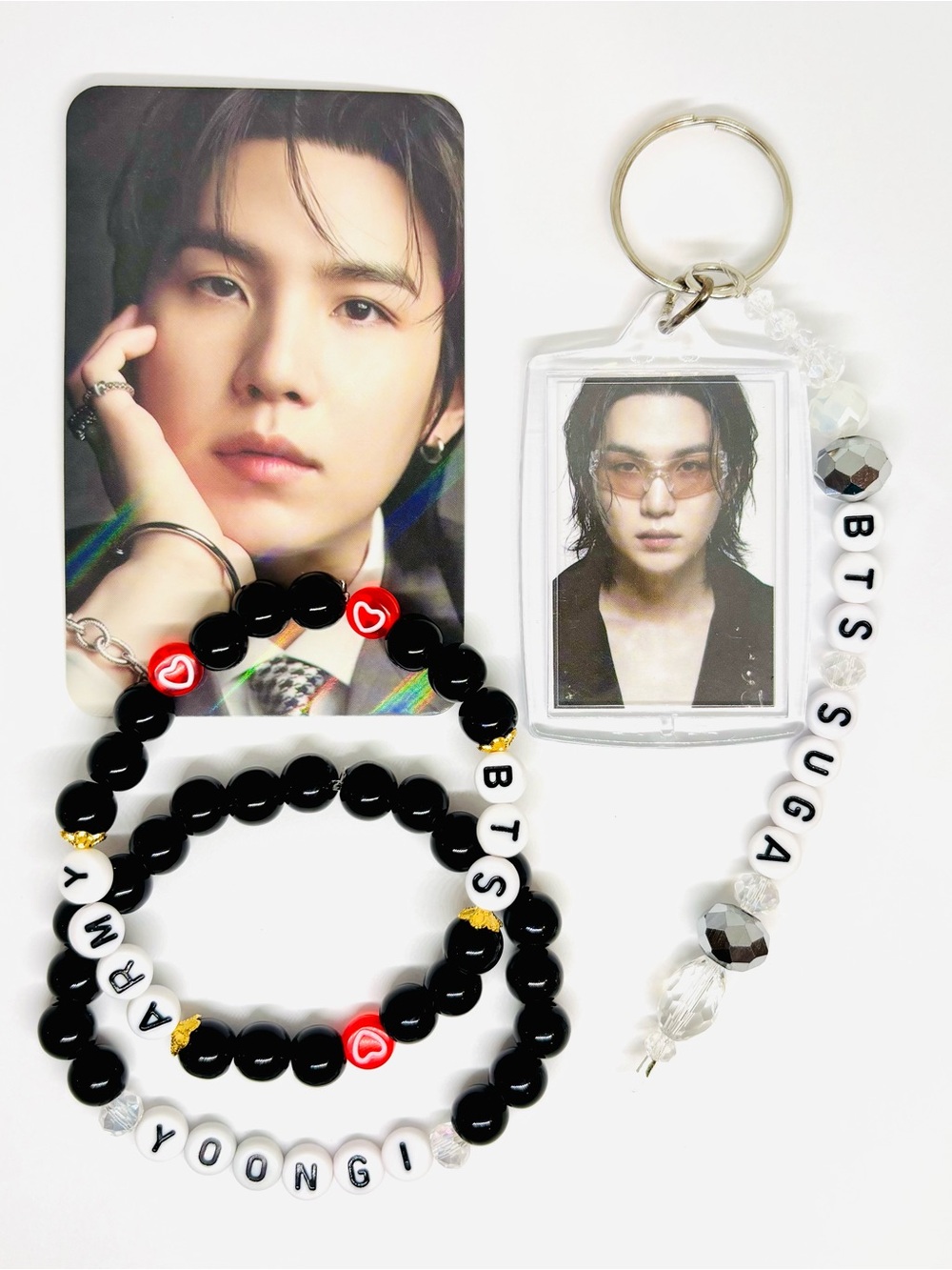 (4pcs) BTS SUGA MIN YOONGI PHOTO KEYCHAIN BRACELET PHOTO CARD BUNDLE